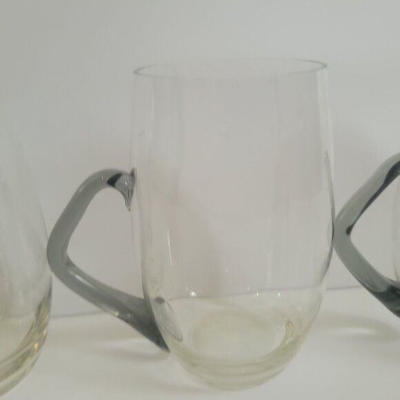 MCM Set Of 3 Clear Glass Mugs With Unique Curved Smokey Grey Handles - Picture 2 of 9